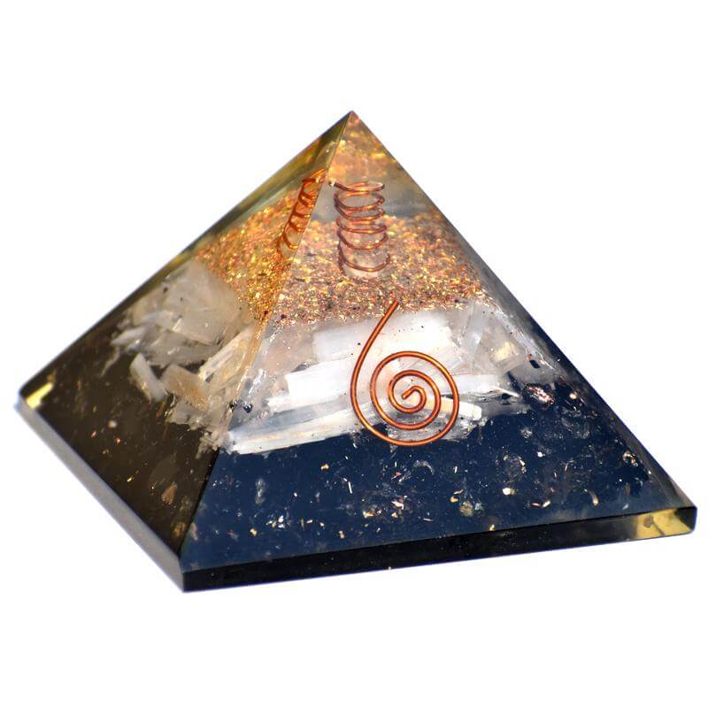 Black Tourmaline & Selenite Pyramid made of Natural Crystal for Physical vitality, Flexibility, Stress, Tension, Protection from Electro Magnetic radiation from gadgets Feng Shui remedy