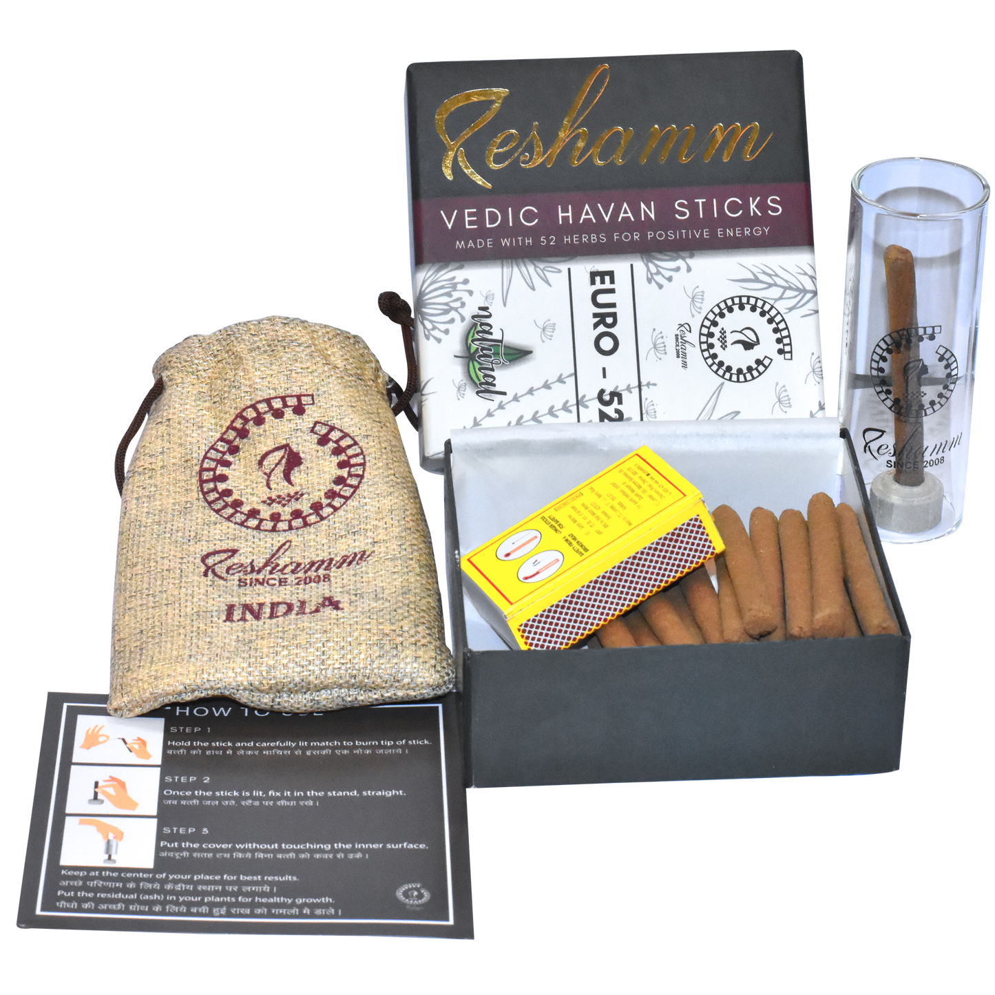 Smokeless Vedic Havan Sticks (Euro 52): 52 Natural herbs, plant roots with 100% purity: No Baans No Chemical No Artificial fragrance Lab certified.