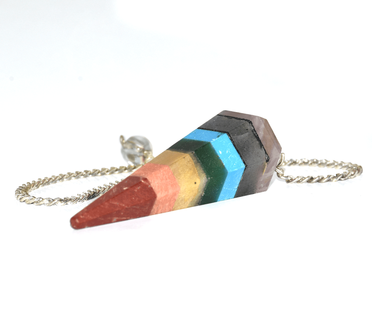 Seven Chakra Dowser Crystal Natural pendulum with Chain 1pc Decorative Showpiece - 11 cm (Crystal, Multicolor)