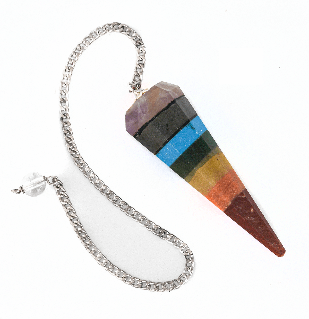 Seven Chakra Dowser Crystal Natural pendulum with Chain 1pc Decorative Showpiece - 11 cm (Crystal, Multicolor)