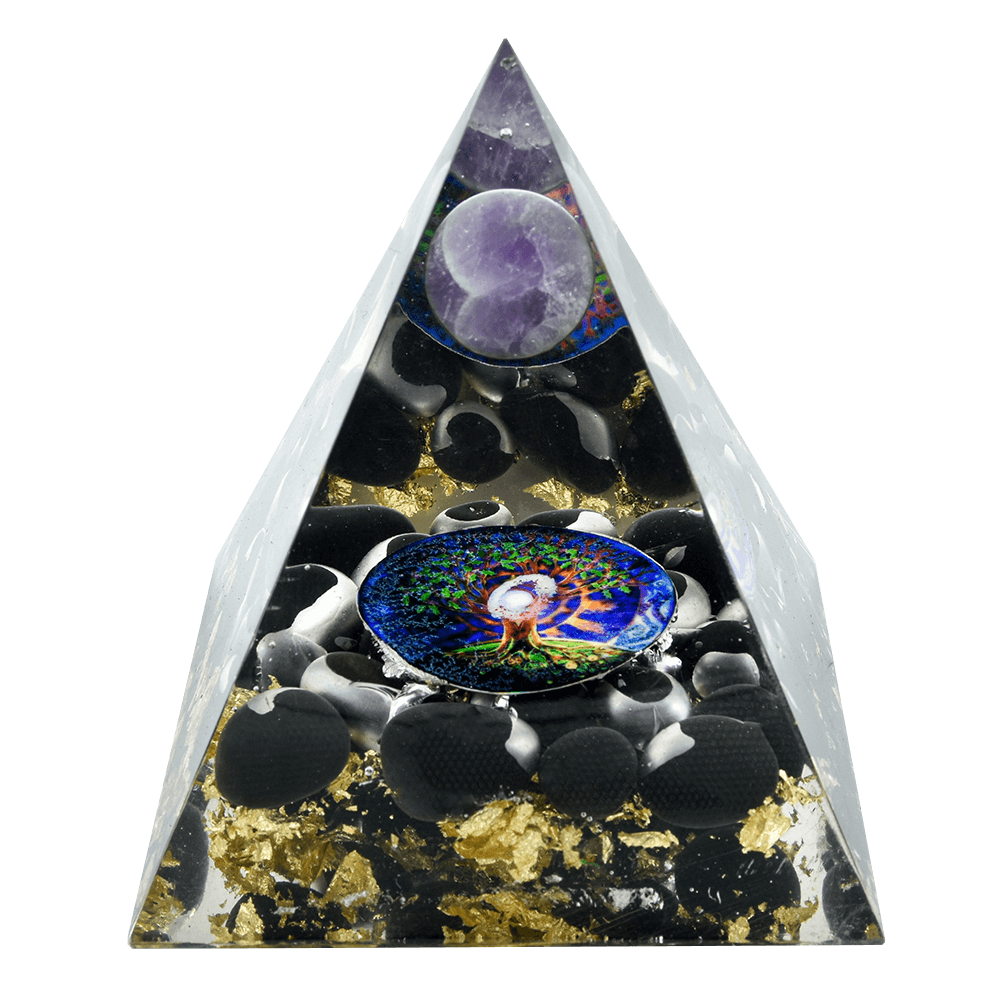Pre-Energized Amethyst Ball Black Obsidian Crystal Pyramid with Gift Wooden Box Decorative Showpiece - 11 cm (Crystal, Stone, Blue)
