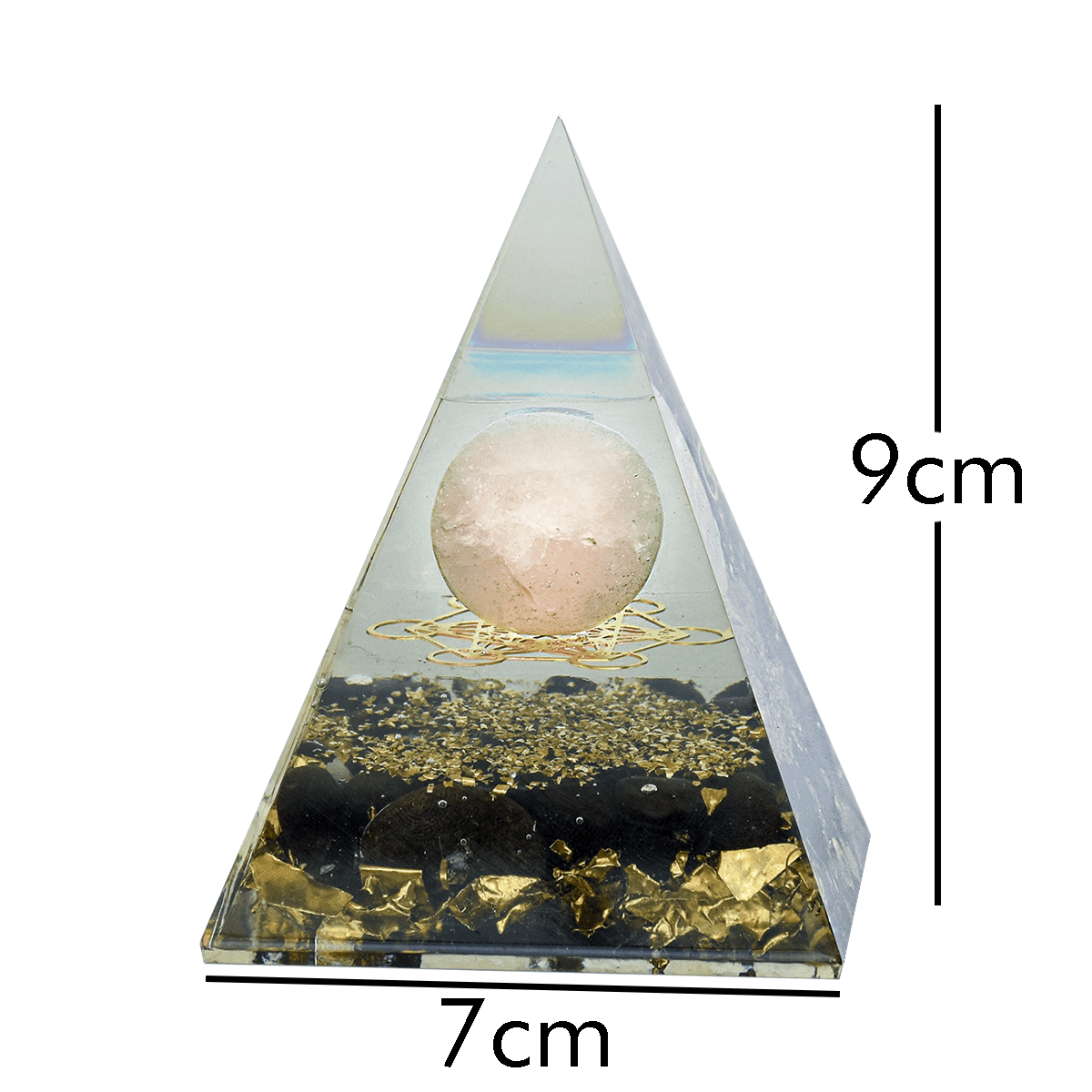Designer Crystal Pyramid, Black Tourmaline base with Rose Quartz Ball In Wooden Gift Box
