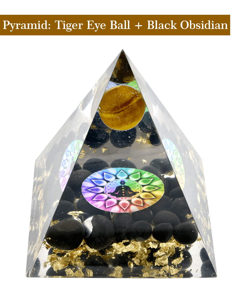Energized Designer Tiger Eye Ball Black Obsidian Pyramid with gift box Decorative Showpiece - 11 cm (Crystal, Beige)