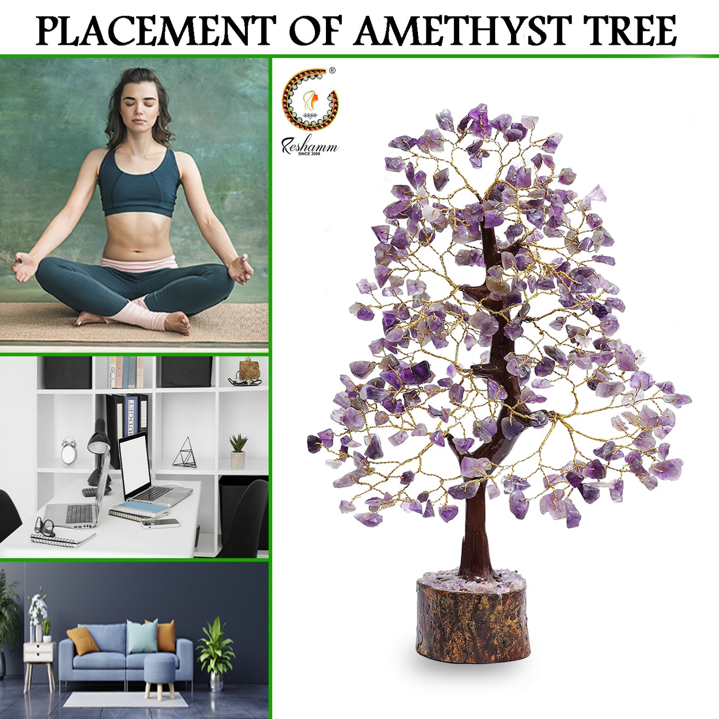 Amethyst Vastu Crystal Tree, Gold Wire, Natural Purple Amethyst Stone Crystal Tree for Reiki Healing Good Luck, Positive Energy,