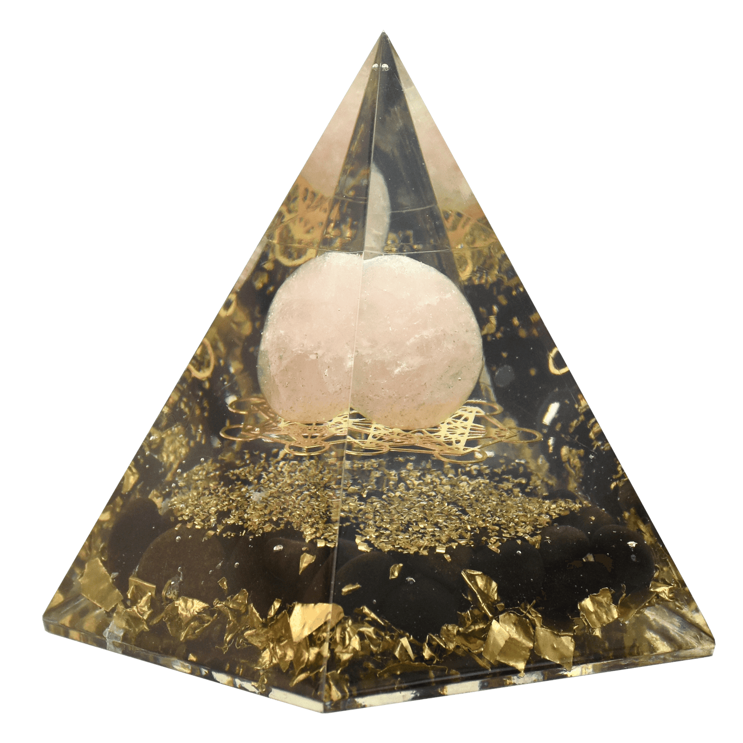 Designer Crystal Pyramid, Black Tourmaline base with Rose Quartz Ball In Wooden Gift Box