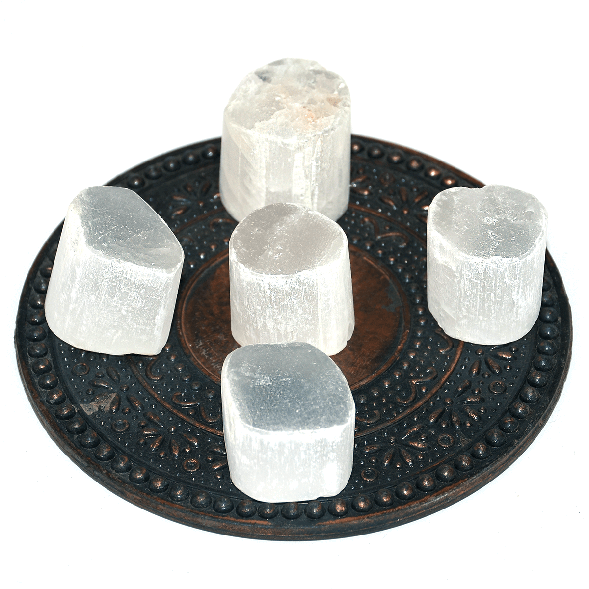 Selenite White Tumble Natural Crystal Vastu Healing Stones Feng Shui (5 pcs) Decorative Showpiece - 11.5 cm  (Stone, White)