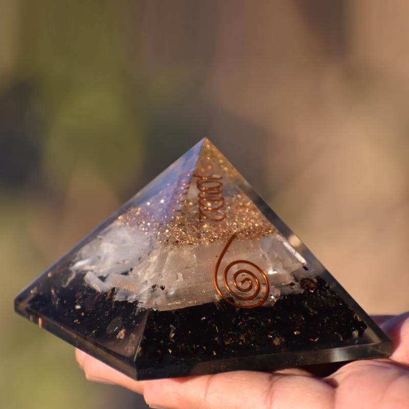 Black Tourmaline & Selenite Pyramid made of Natural Crystal for Physical vitality, Flexibility, Stress, Tension, Protection from Electro Magnetic radiation from gadgets Feng Shui remedy
