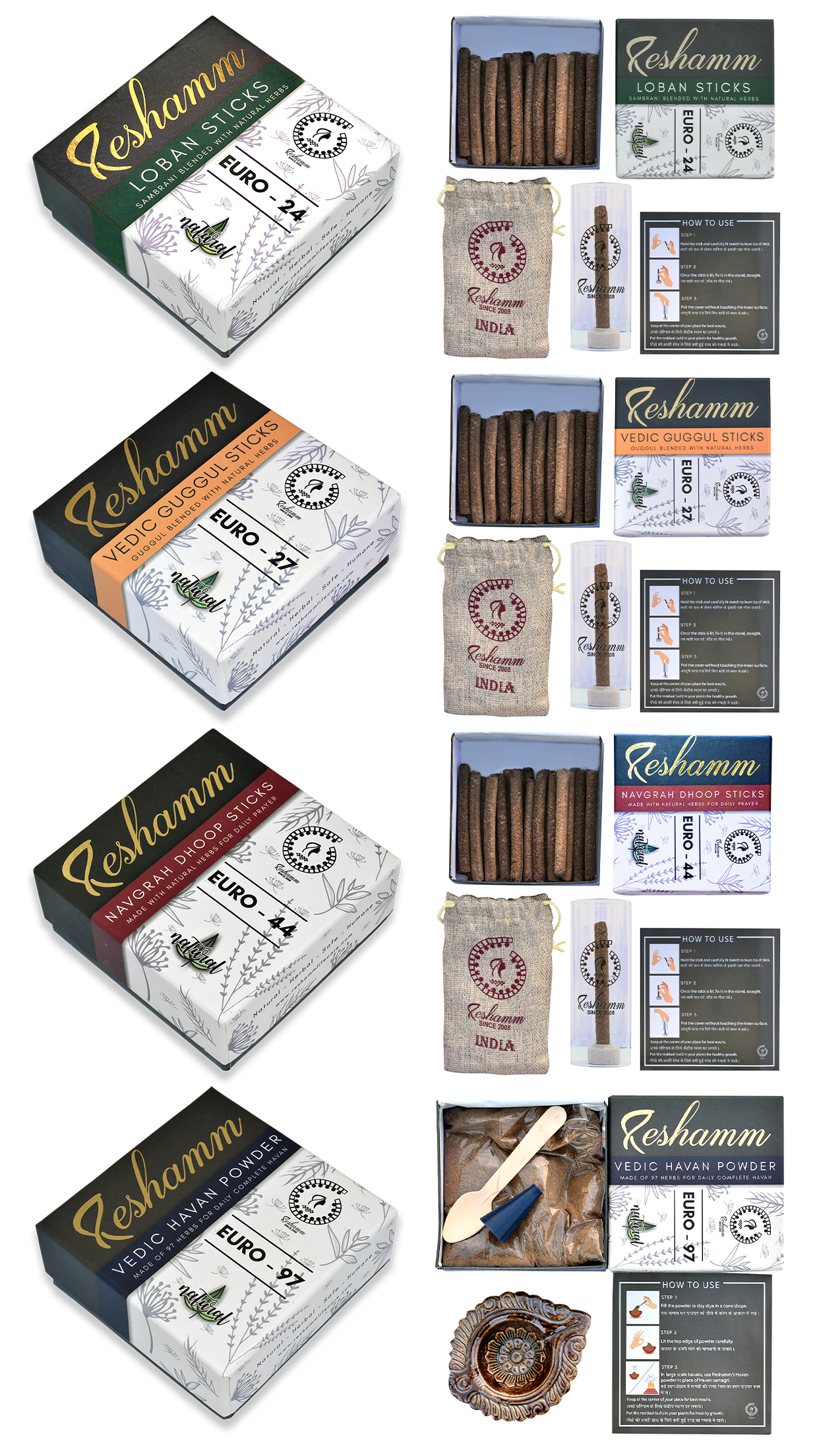 Natural & Herbal Vedic Guggul Stick, Complete Havan Powder, Navgrah Dhoop Stick & Havan Stick,  Made upto 97 Types Of Natural Herbs Pack Of 4 50g H.P) Guggul Dhoop  (Pack of 4)