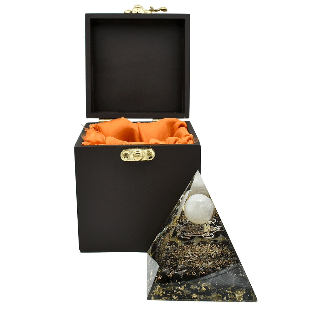 Designer Crystal Pyramid, Black Tourmaline base with Rose Quartz Ball In Wooden Gift Box