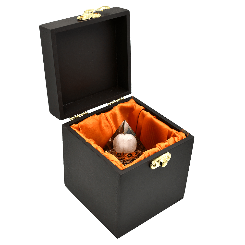 Designer Crystal Pyramid, Black Tourmaline base with Rose Quartz Ball In Wooden Gift Box