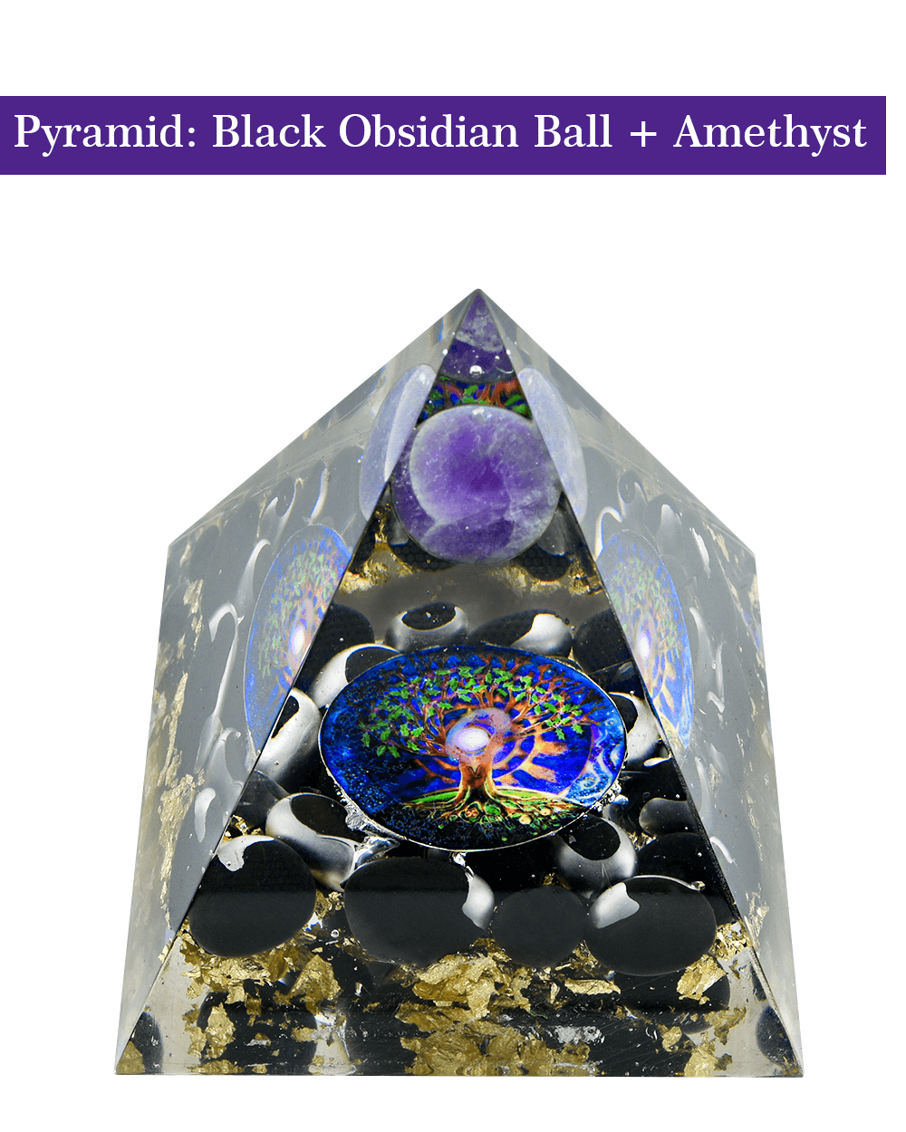Pre-Energized Amethyst Ball Black Obsidian Crystal Pyramid with Gift Wooden Box Decorative Showpiece - 11 cm  (Crystal, Stone, Blue)