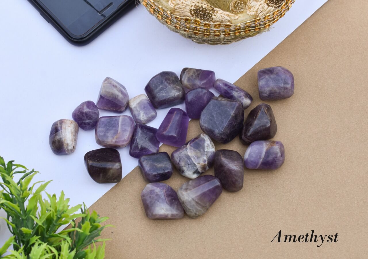 Natural Amethyst Brazilina Tumble Crystals / Stones for Reiki Healing and Vastu Correction and Increase Creativity Tumble Stone Regular Asymmetrical Crystal Stone  (Purple 5 pcs)