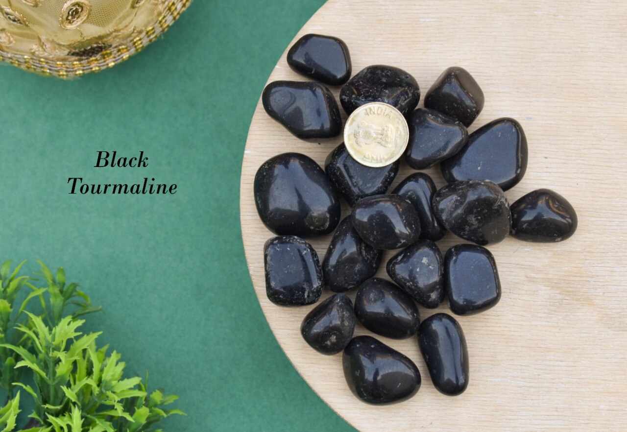 Black Tourmaline Reiki Crystal Healing Tumble Stone (5pcs) Decorative Showpiece  (Crystal, Black)