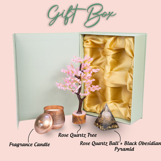 Tranquil Rose Aura Ensemble Containing Rose Quartz Tree, Black Obsidian with Rose Quartz Ball Pyramid and Soya Wax Candle for Gifting