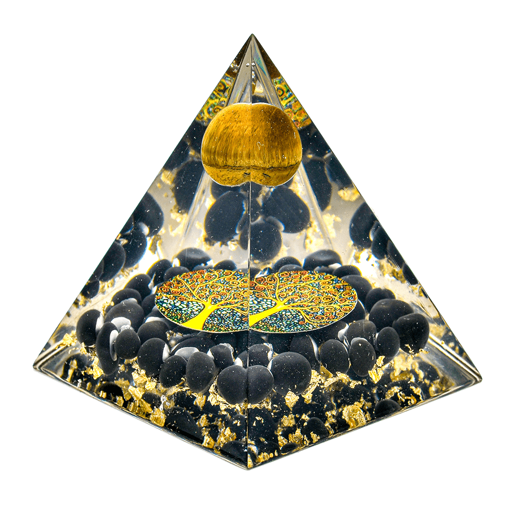 Energized Designer Tiger Eye Ball Black Obsidian Tree Pyramid with gift box Decorative Showpiece - 11 cm  (Crystal, Beige)