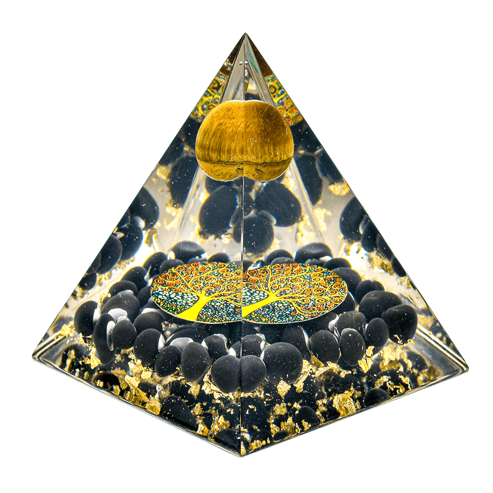 Energized Designer Tiger Eye Ball Black Obsidian Pyramid with gift box Decorative Showpiece - 11 cm  (Crystal, Beige)