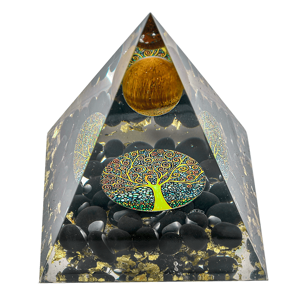 Energized Designer Tiger Eye Ball Black Obsidian Tree Pyramid with gift box Decorative Showpiece - 11 cm  (Crystal, Beige)