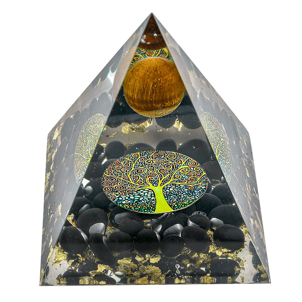 Energized Designer Tiger Eye Ball Black Obsidian Pyramid with gift box Decorative Showpiece - 11 cm  (Crystal, Beige)