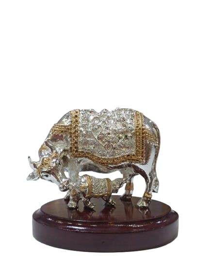 Silver Coated Cow with Calf Idol on Wooden Base | Auspicious Kamdhenu Decorative Showpiece for Home & Office | Premium Spiritual Gift by Reshamm