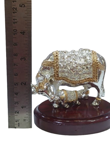 Silver Coated Cow with Calf Idol on Wooden Base | Auspicious Kamdhenu Decorative Showpiece for Home & Office | Premium Spiritual Gift by Reshamm