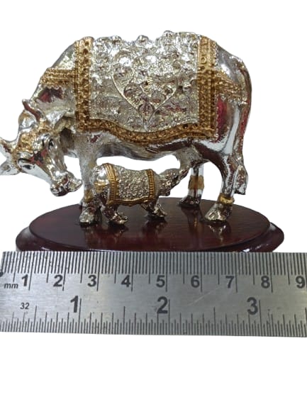 Silver Coated Cow with Calf Idol on Wooden Base | Auspicious Kamdhenu Decorative Showpiece for Home & Office | Premium Spiritual Gift by Reshamm
