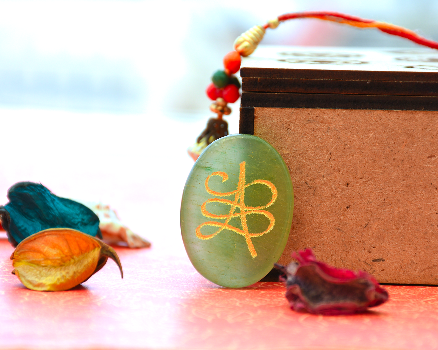 Pre Energized Natural Superior Green Aventurine with Angle number & Zibu Symbol Cabochon Coin for Good Luck for Money and Relationship Certified Feng Shui Both Side