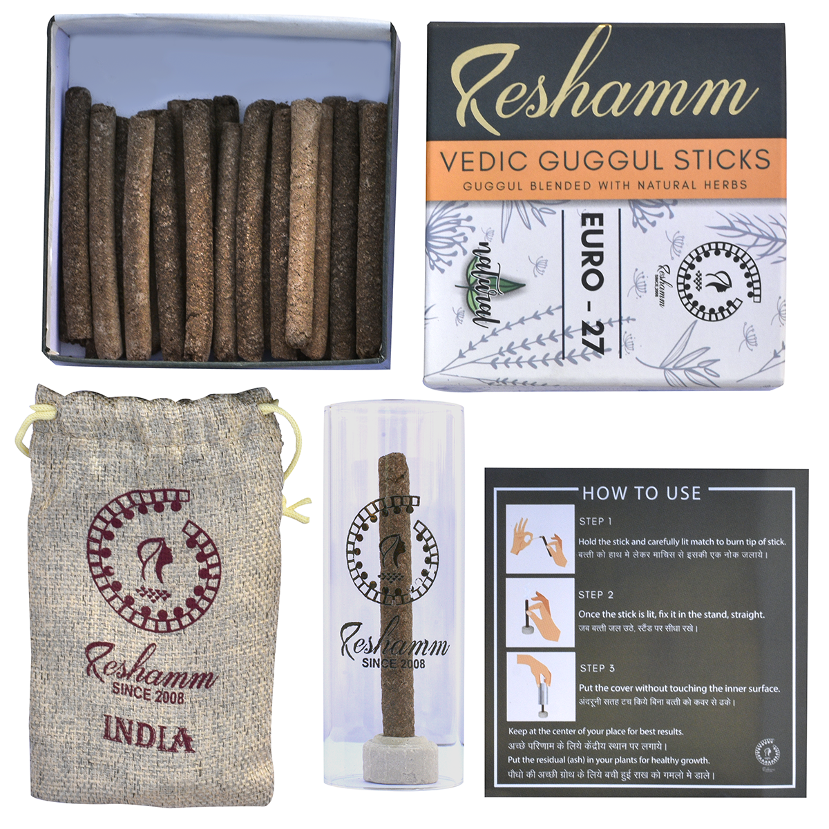 Smokeless Vedic Guggul Sticks (Euro 27) made of Guggul & 26 Natural Herbs Powder. (Lab certified No Chemical No Artificial Fragrance and No Baans/Bamboo stick). puja item. Beautiful packaging. 1 month consumption