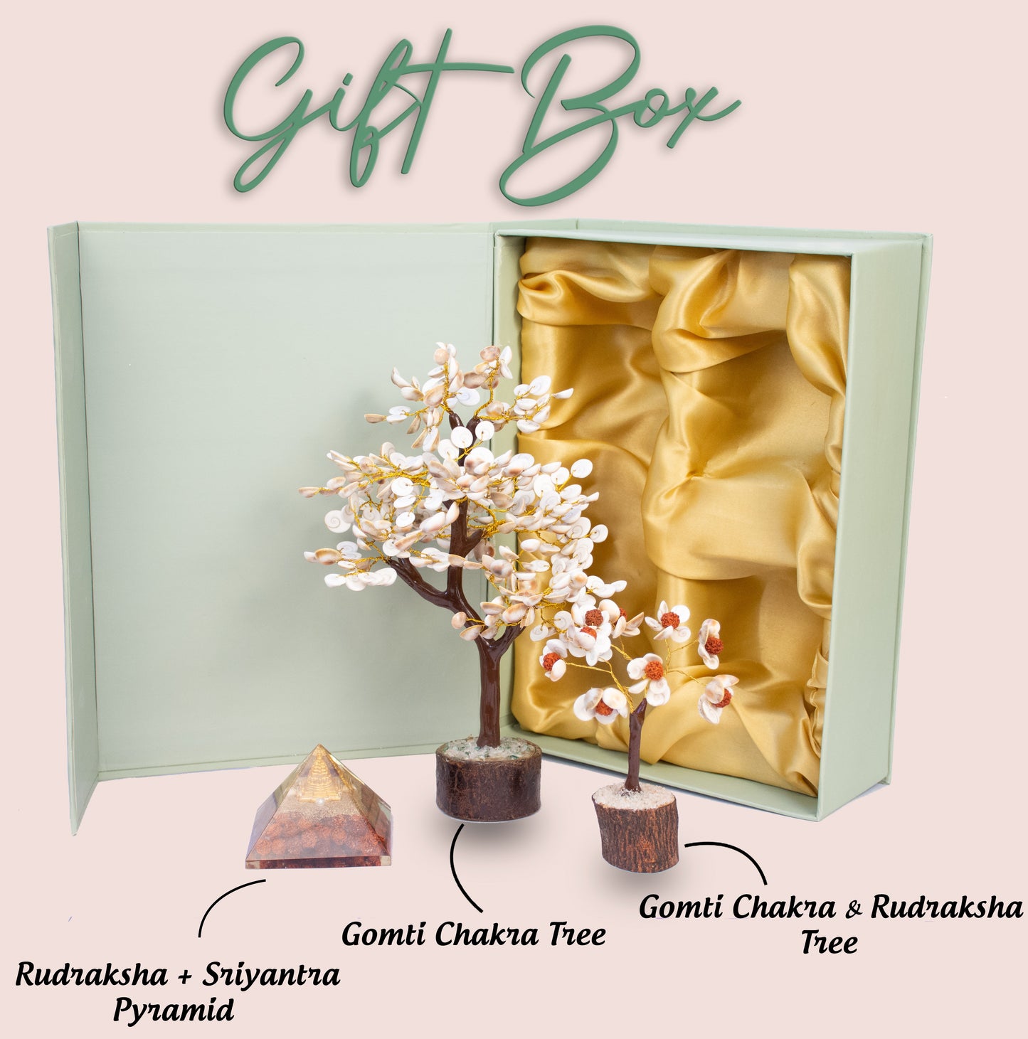 Mystic Unity Blessings Ensemble Containing Gomti Chakra Tree, Gomti Chakra with Rudraksha Tree, Rudraksha with Sri Yantra Pyramid for Gifting
