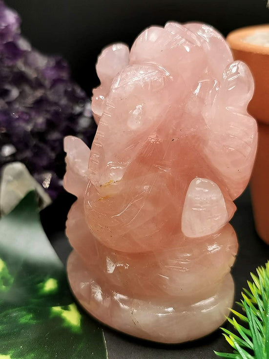 Natural Rose Quartz Ganesh Stone Size - 1 inch Reiki Healing Chakra Balancing Stone Gemstone Bala Crystal Pink Rose Quartz Pocket Ganesh Small Murthi Statue Gansh Chaturthi, Diwali Pooja