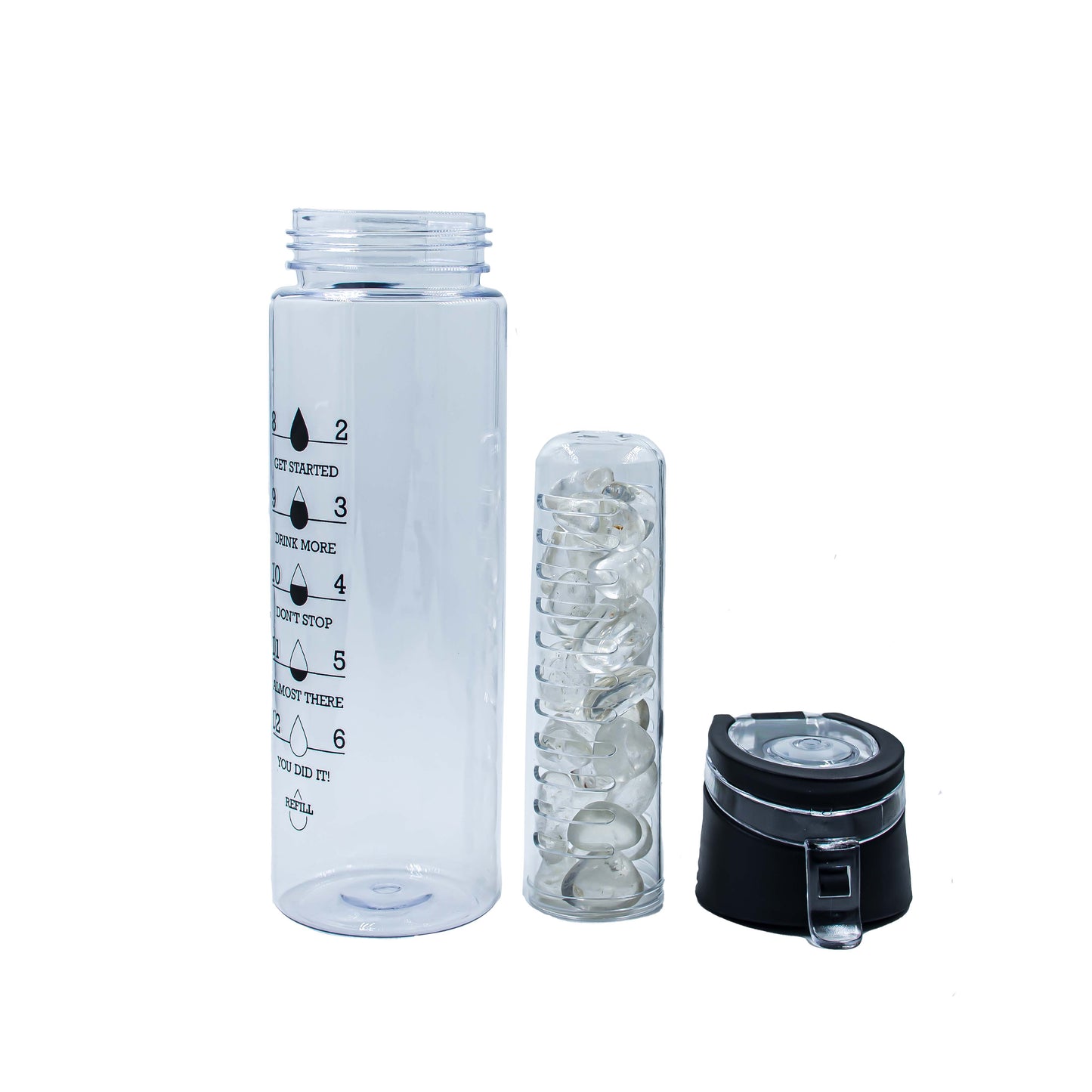 Plastic Water Bottle | Capacity : 800 ml | Bottle Color : Black | Set of 1 | Stone: Clear Quartz |