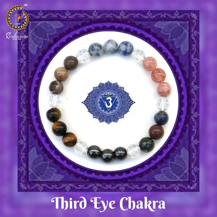 Reshamm Pre Energized Natural Third eye Chakra, Crystal Stone Bracelet with 8 mm beads (Lapis Lazuli,Claer Quartz cut work,Tiger eye ) For Reduced Anxiety, Stress, Increased Creativity.