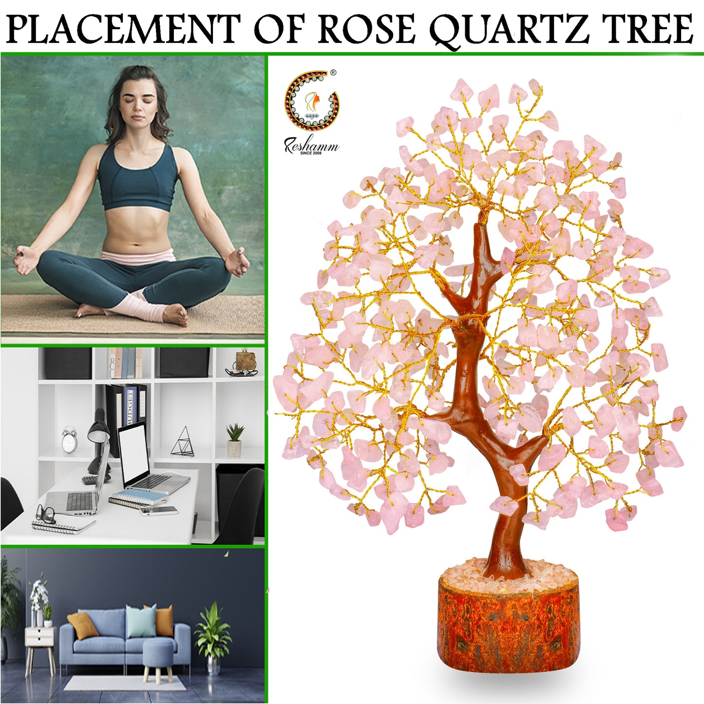 Rose Quartz Crystal Bonsai Money Tree (300 Beads Size 10 inch ) Decorative Showpiece - 30 cm  (Stone, Crystal, Stone, Gold, Pink
