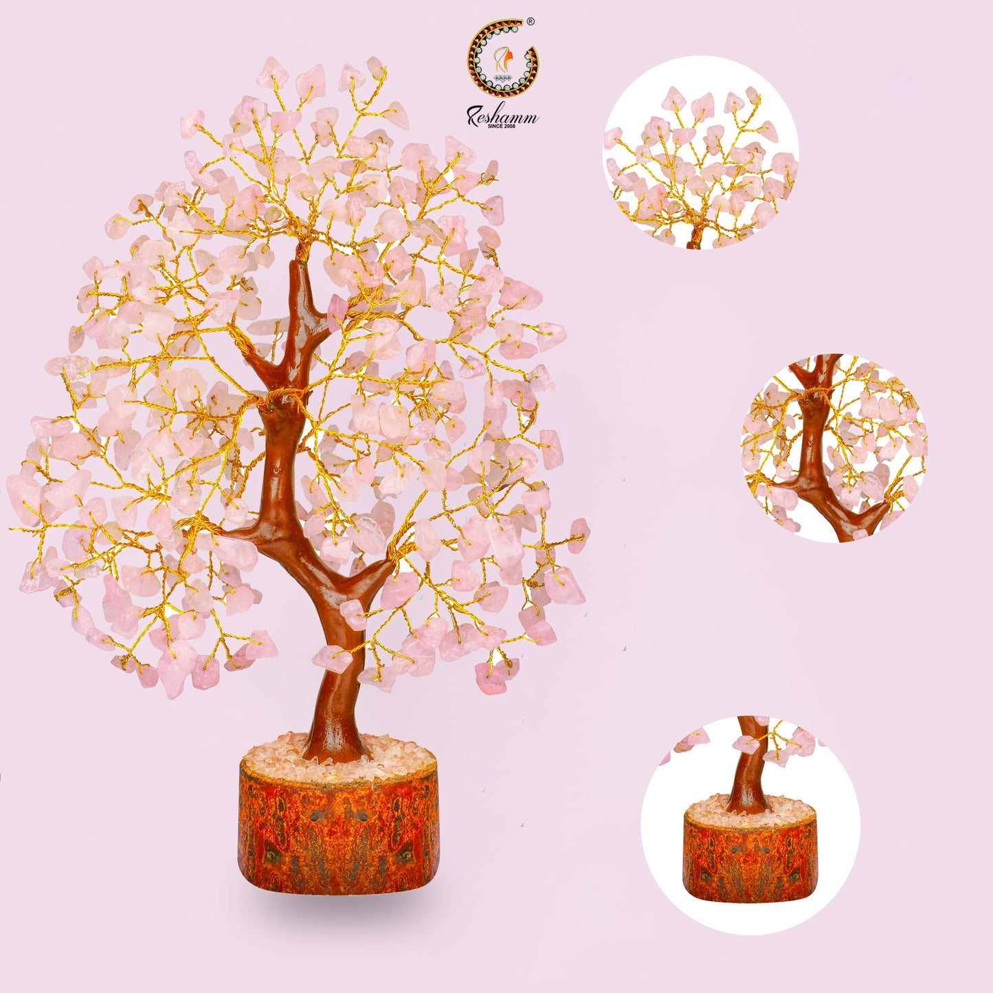 Rose Quartz Crystal Bonsai Money Tree (300 Beads Size 10 inch ) Decorative Showpiece - 30 cm  (Stone, Crystal, Stone, Gold, Pink