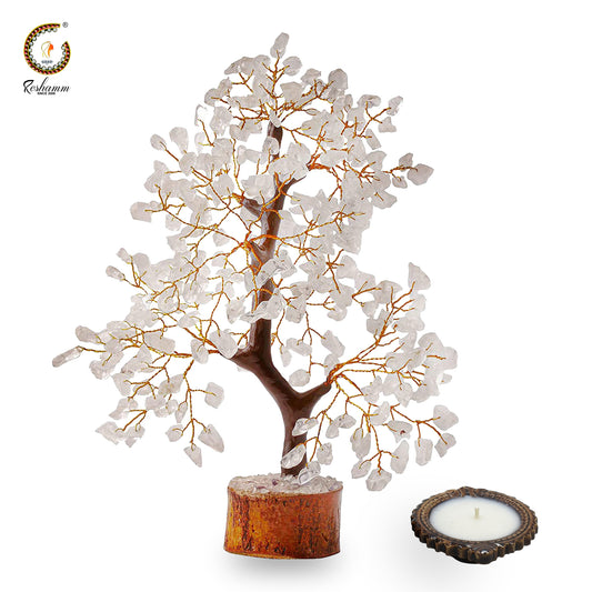 Clear Quartz Crystal Tree 300 Beads Decorative Showpiece (Stone, Clear, Silver) with Diya