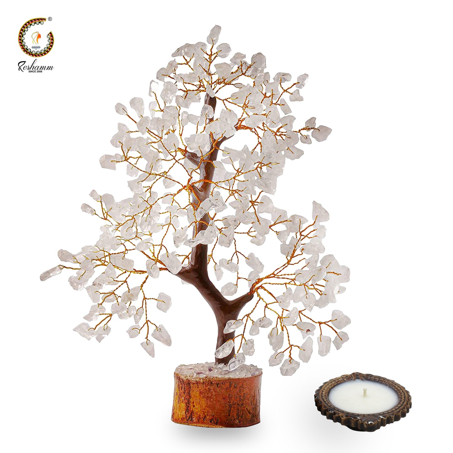 Clear Quartz Crystal Tree 300 Beads Decorative Showpiece (Stone, Clear, Silver) with Diya