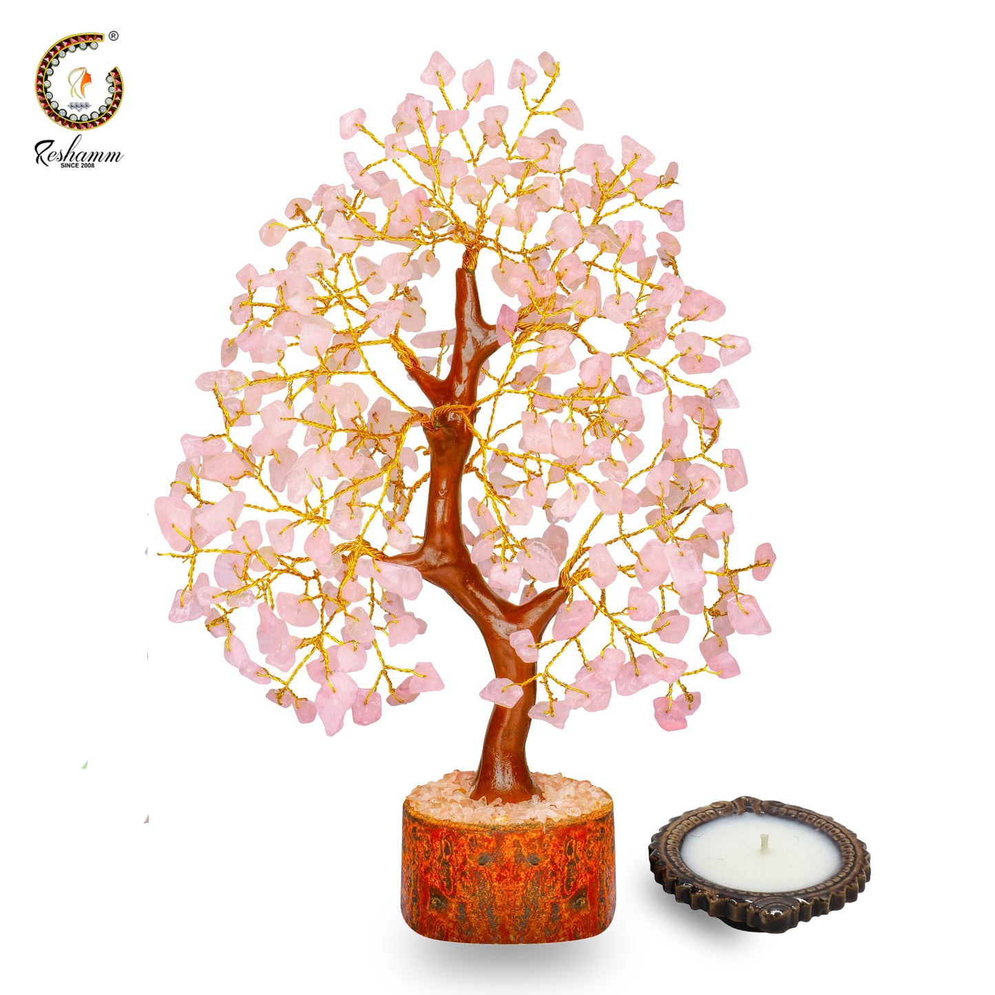 Rose Quartz Crystal Bonsai Money Tree (300 Beads Size 10 inch ) Decorative Showpiece - 30 cm  (Stone, Crystal, Stone, Gold, Pink